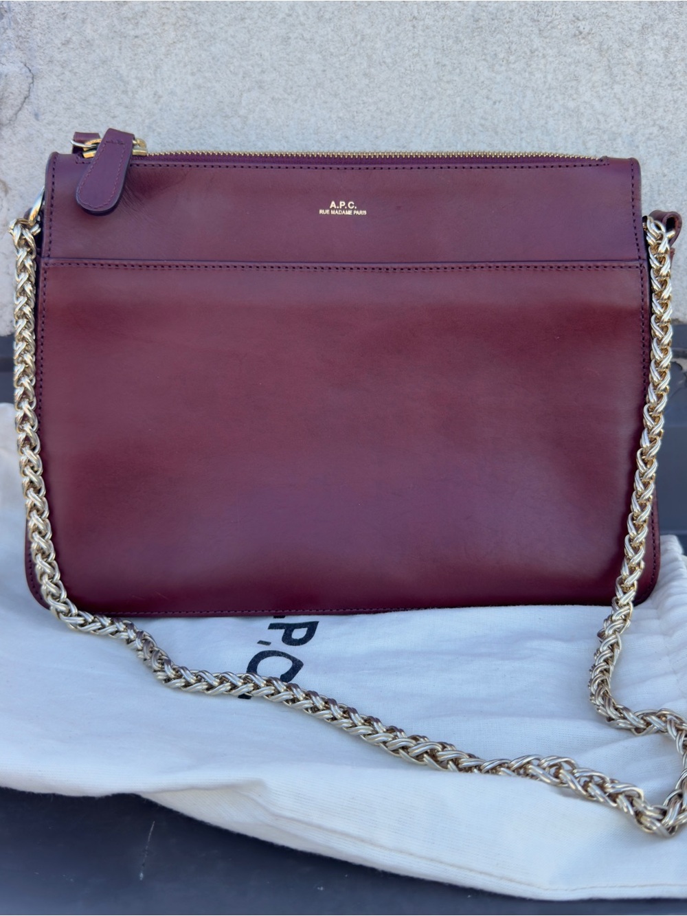 A.P.C. Burgundy Leather Crossbody with Gold Chain